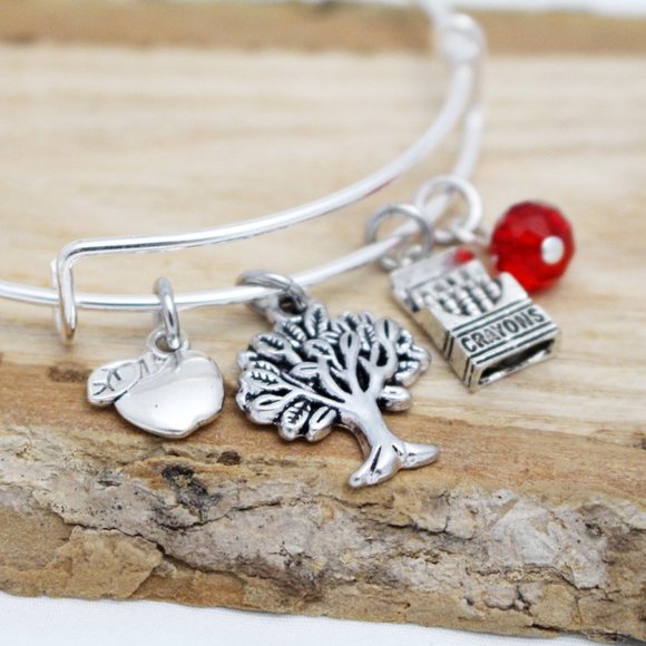 Apple, Tree & Box of Crayons Teacher Bangle - Handcrafted Hypoallergenic - Picture 1 of 4